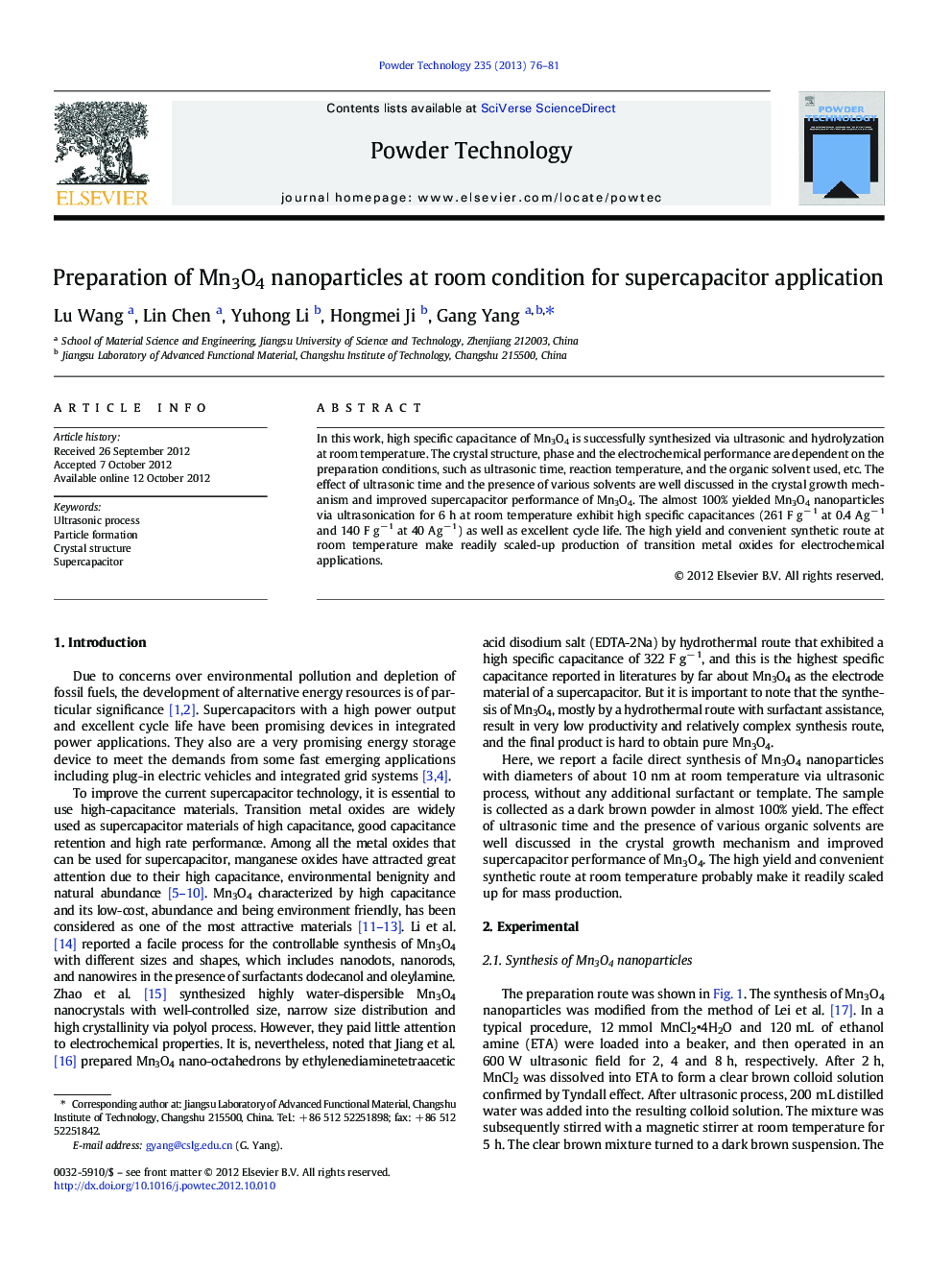 Preparation of Mn3O4 nanoparticles at room condition for supercapacitor application