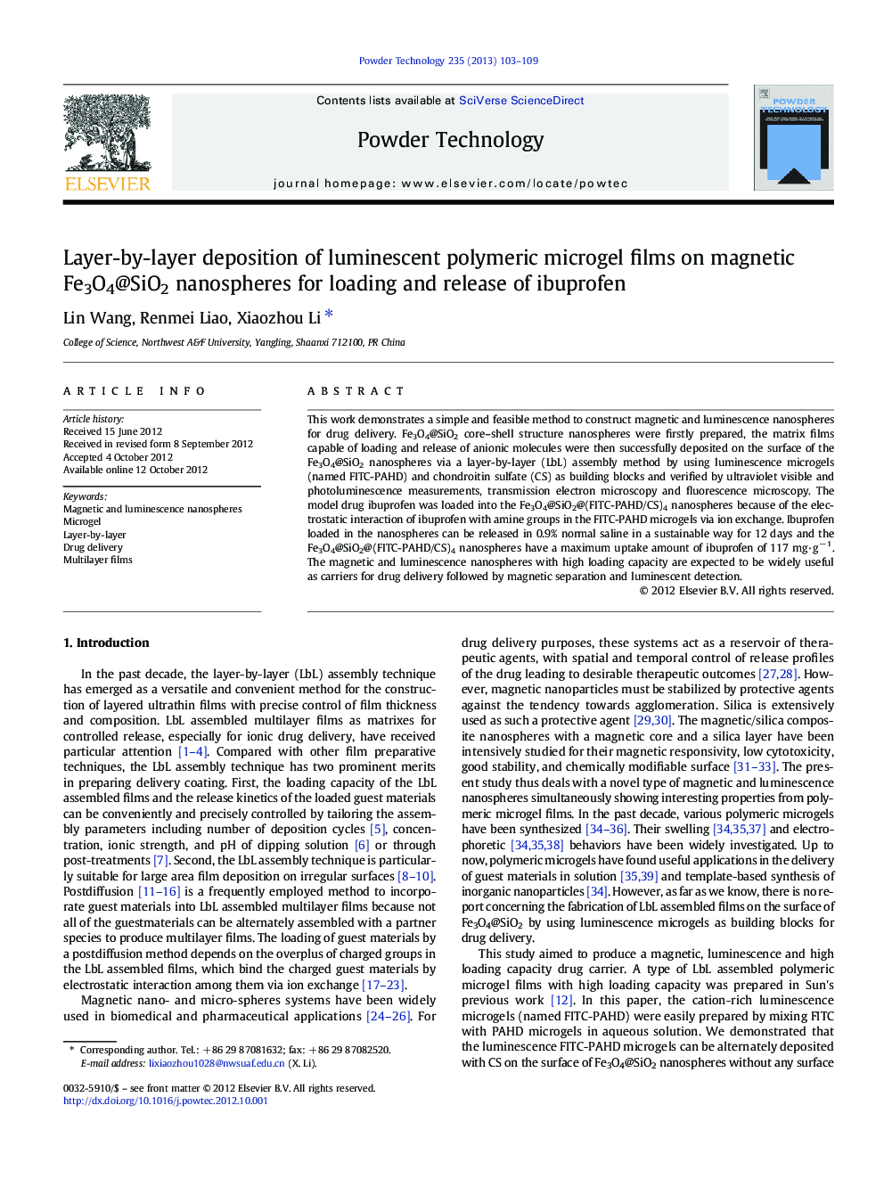 Layer-by-layer deposition of luminescent polymeric microgel films on magnetic Fe3O4@SiO2 nanospheres for loading and release of ibuprofen