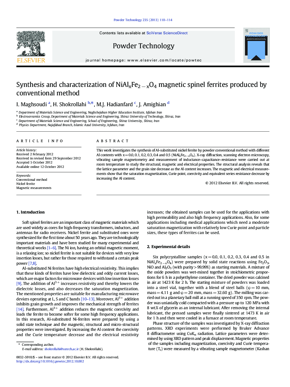 Synthesis and characterization of NiAlxFe2 − xO4 magnetic spinel ferrites produced by conventional method