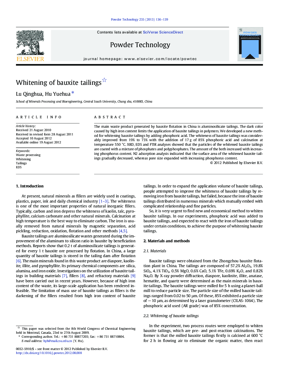 Whitening of bauxite tailings 