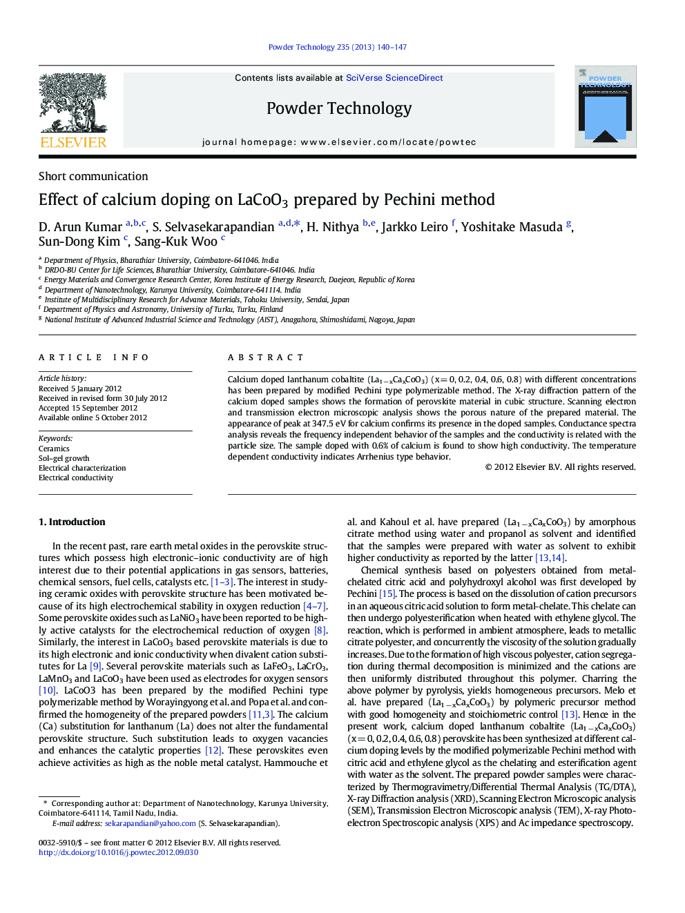 Effect of calcium doping on LaCoO3 prepared by Pechini method