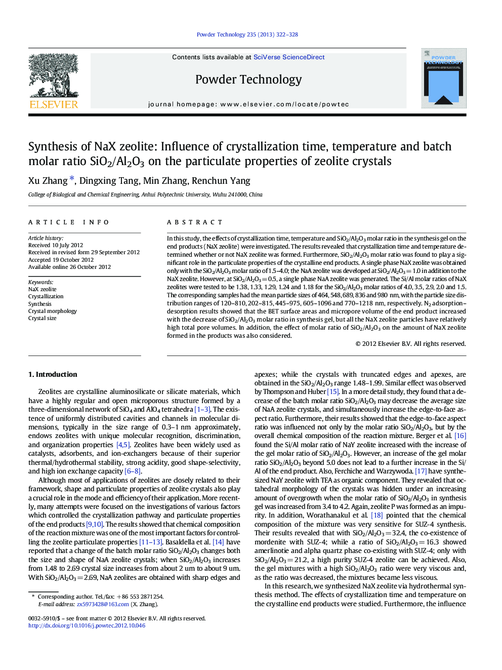 Synthesis of NaX zeolite: Influence of crystallization time, temperature and batch molar ratio SiO2/Al2O3 on the particulate properties of zeolite crystals