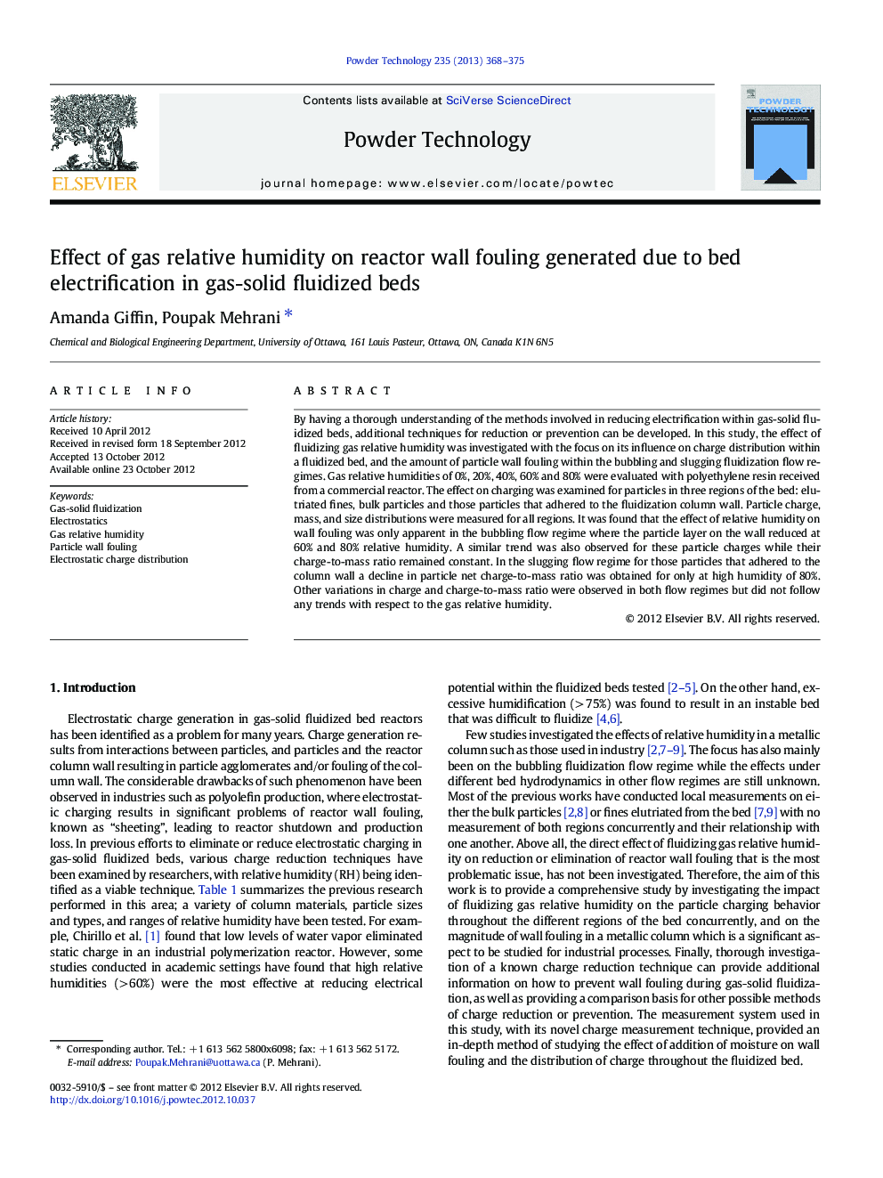 Effect of gas relative humidity on reactor wall fouling generated due to bed electrification in gas-solid fluidized beds