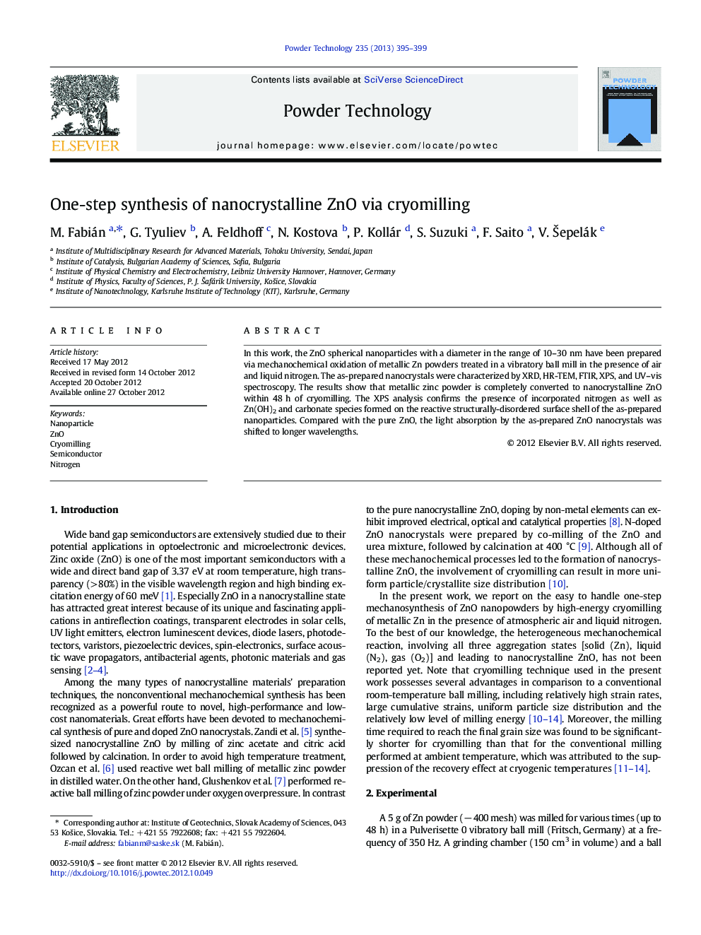 One-step synthesis of nanocrystalline ZnO via cryomilling