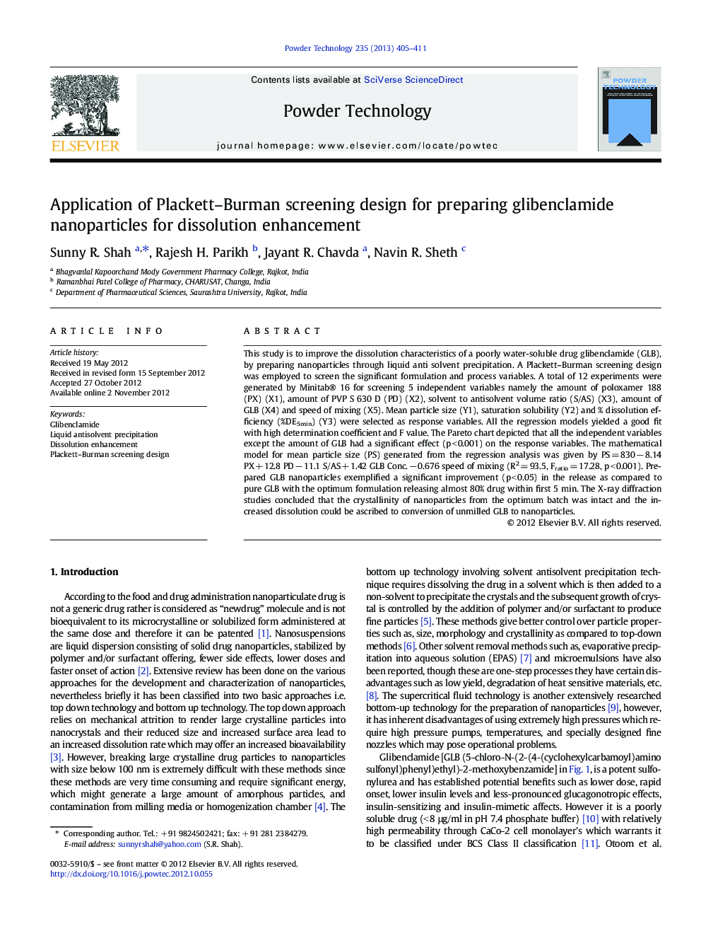 Application of Plackett–Burman screening design for preparing glibenclamide nanoparticles for dissolution enhancement