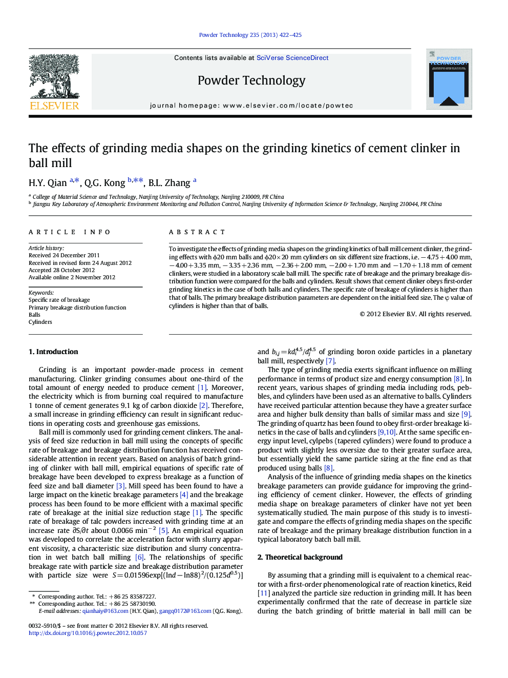 The effects of grinding media shapes on the grinding kinetics of cement clinker in ball mill