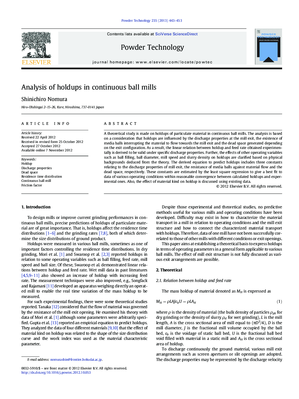 Analysis of holdups in continuous ball mills