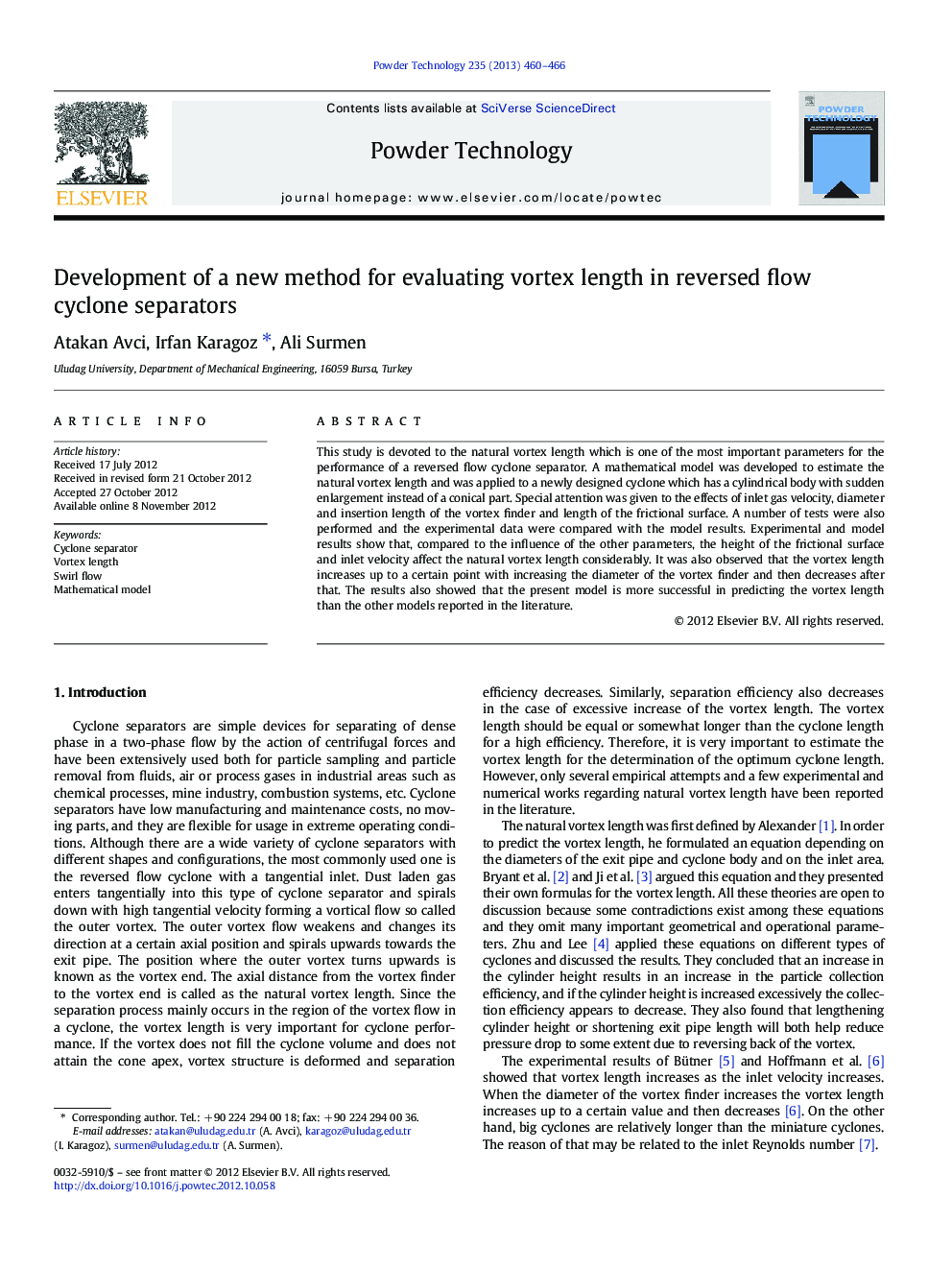 Development of a new method for evaluating vortex length in reversed flow cyclone separators