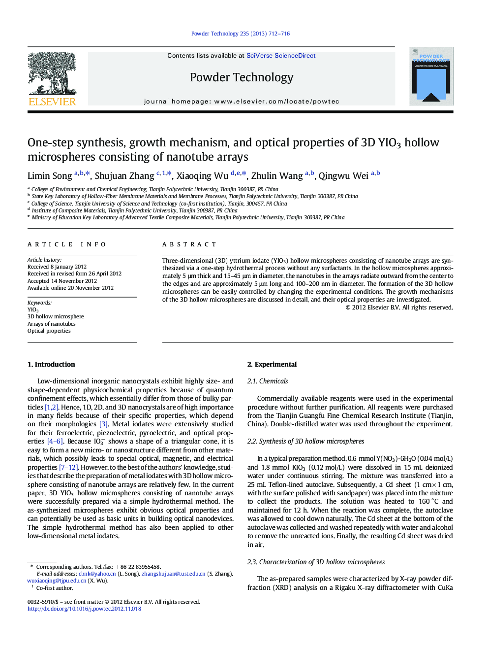 One-step synthesis, growth mechanism, and optical properties of 3D YIO3 hollow microspheres consisting of nanotube arrays