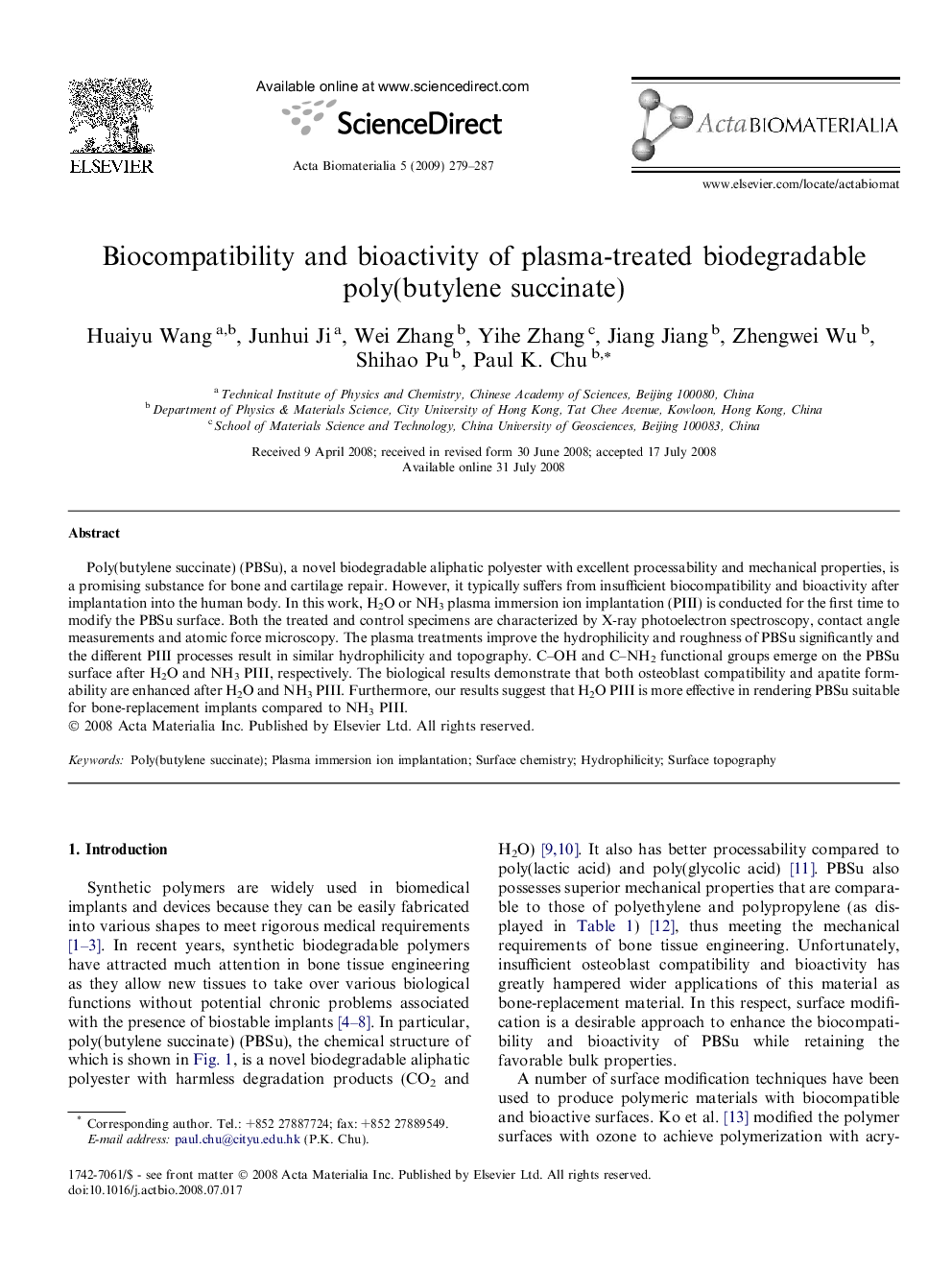 Biocompatibility and bioactivity of plasma-treated biodegradable poly(butylene succinate)