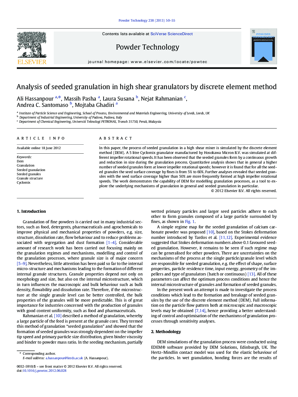 Analysis of seeded granulation in high shear granulators by discrete element method