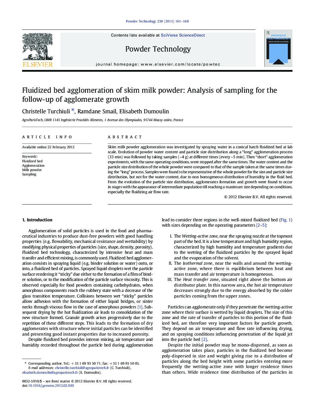 Fluidized bed agglomeration of skim milk powder: Analysis of sampling for the follow-up of agglomerate growth