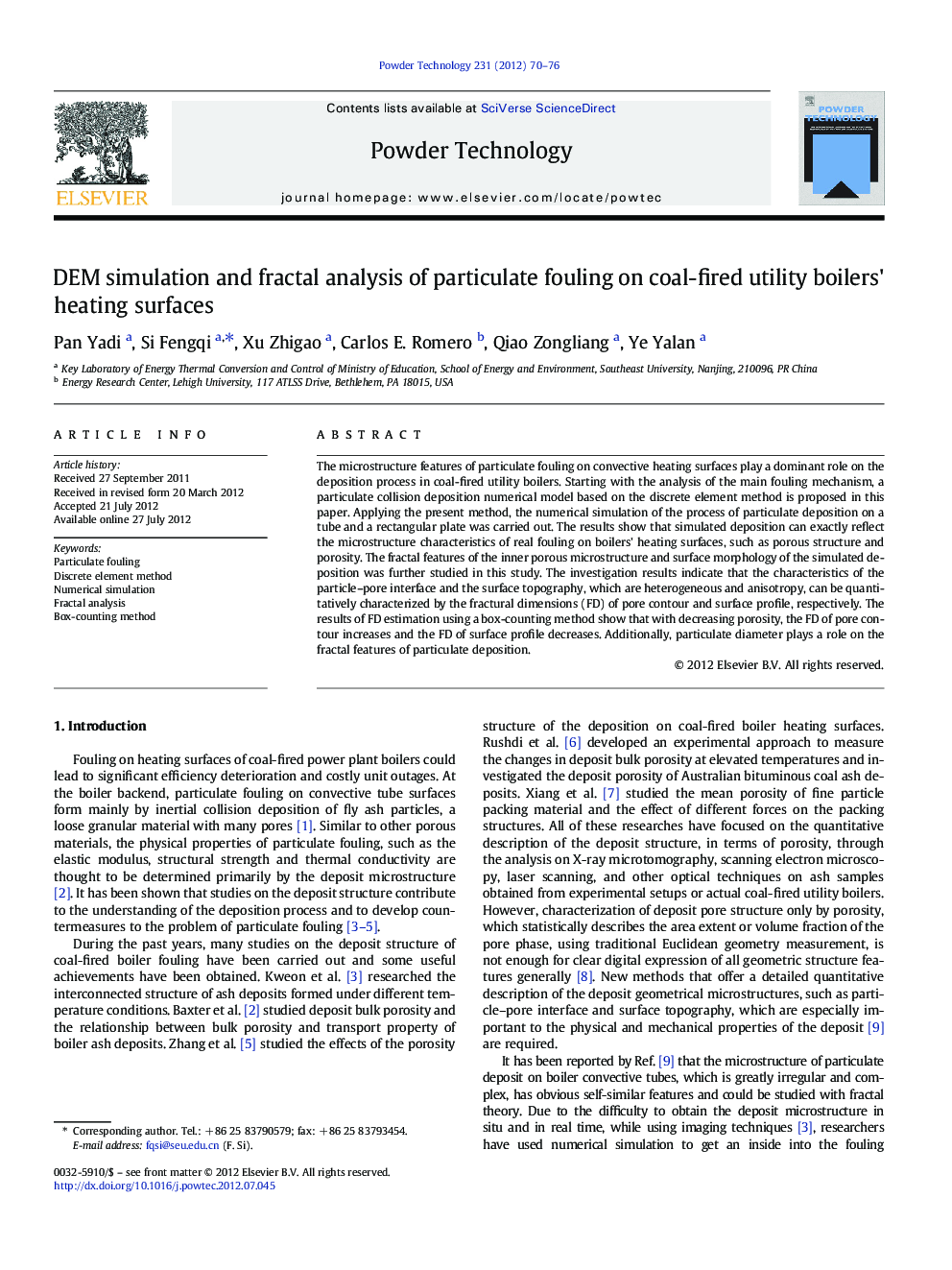 DEM simulation and fractal analysis of particulate fouling on coal-fired utility boilers' heating surfaces