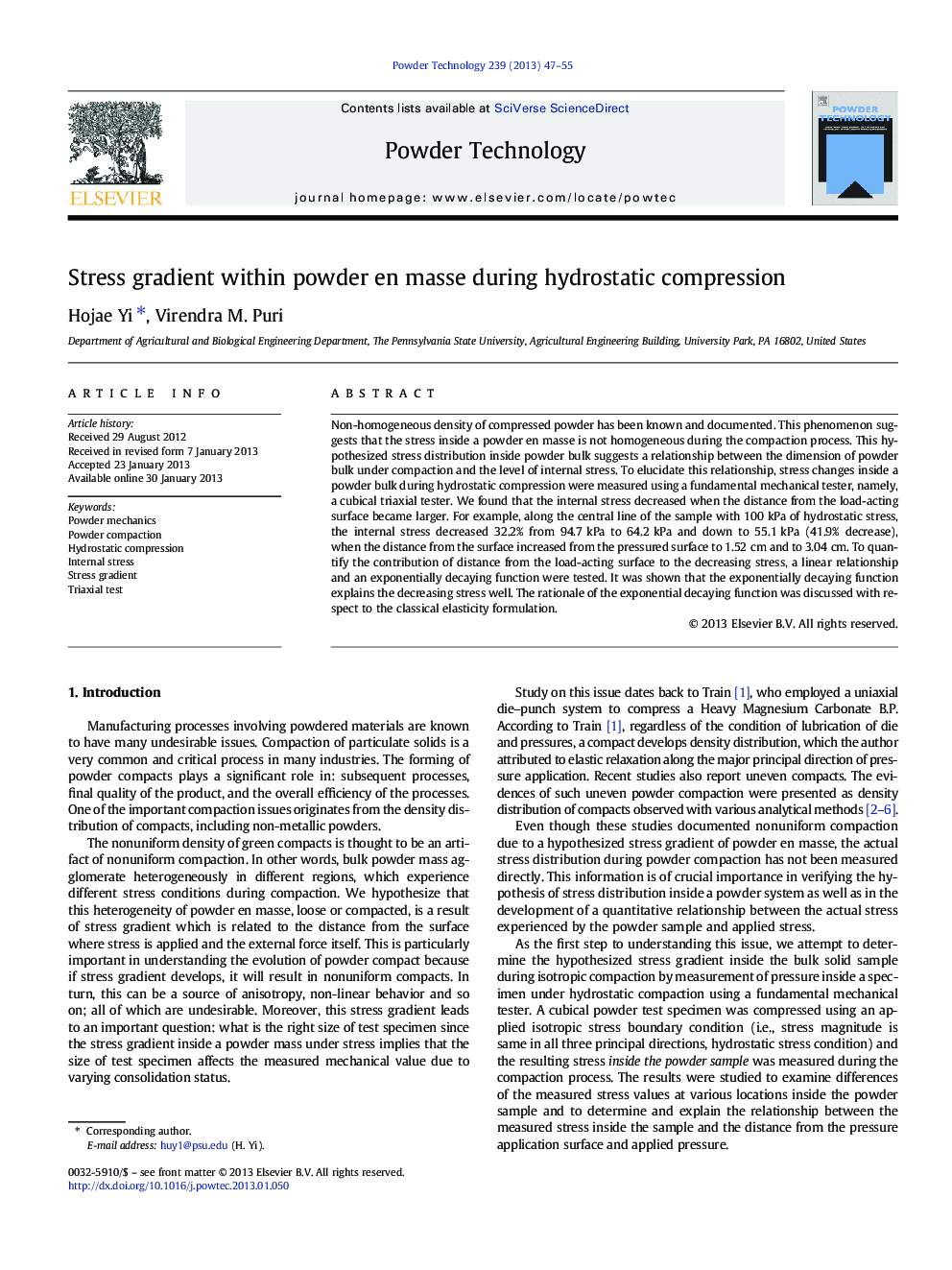 Stress gradient within powder en masse during hydrostatic compression