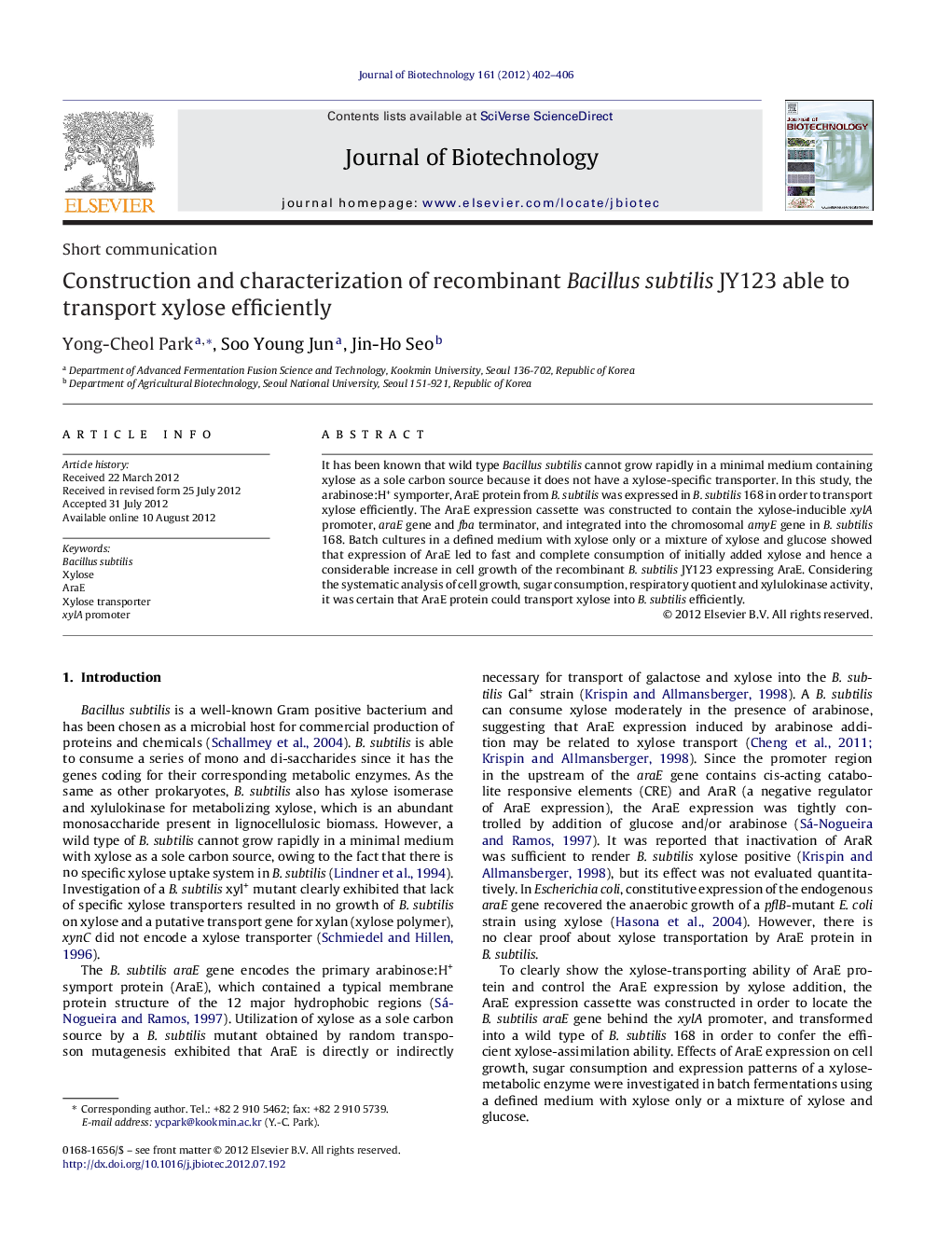 Construction and characterization of recombinant Bacillus subtilis JY123 able to transport xylose efficiently