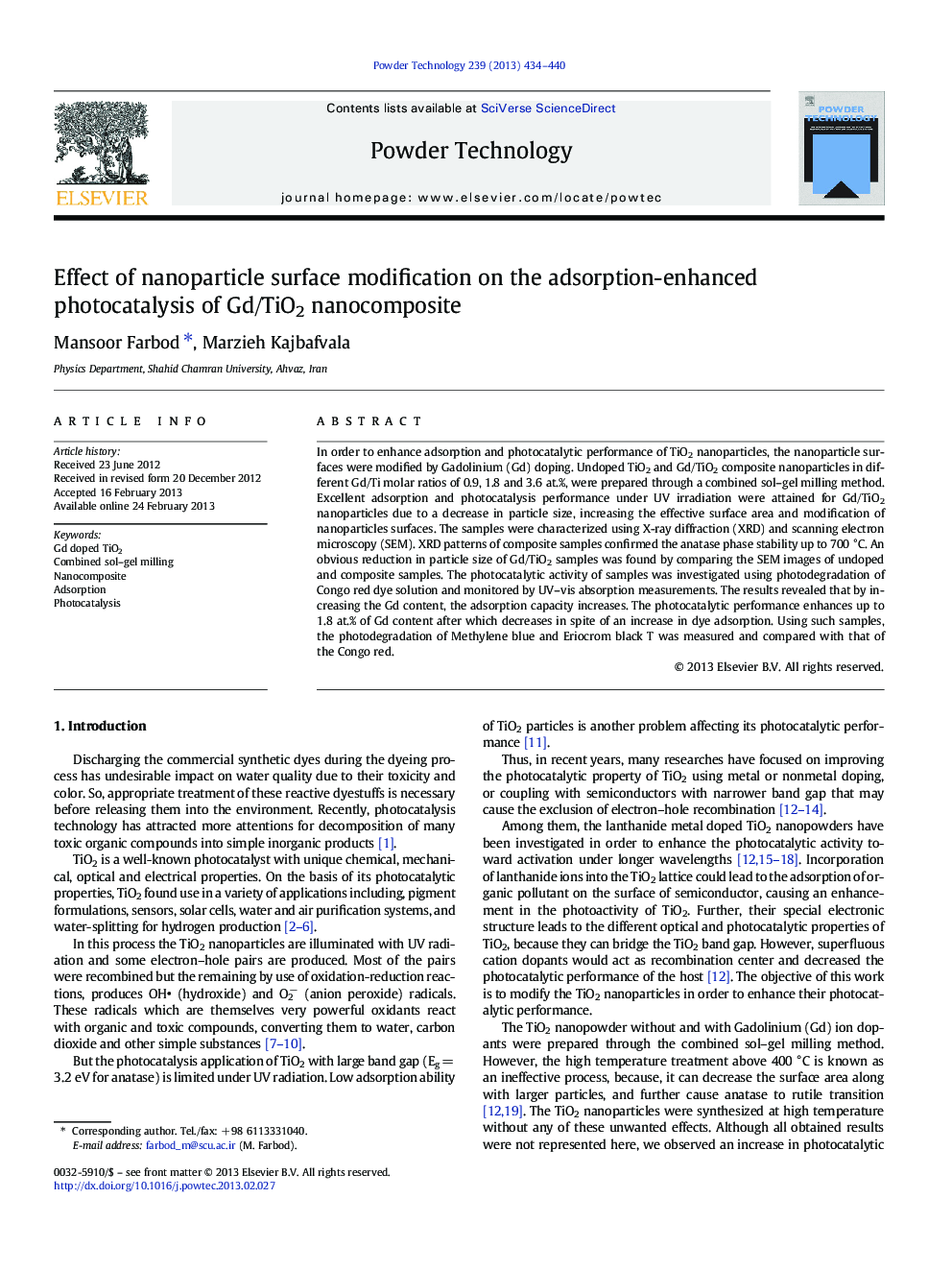 عکس صفحه اول مقاله: Effect of nanoparticle surface modification on the adsorption-enhanced photocatalysis of Gd/TiO2 nanocomposite Effect of nanoparticle surface modification on the adsorption-enhanced photocatalysis of Gd/TiO2 nanocomposite