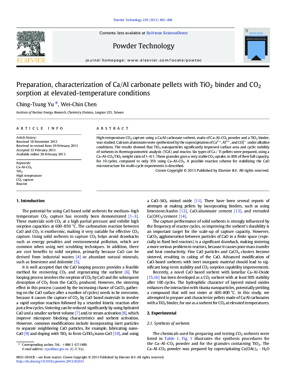 Preparation, characterization of Ca/Al carbonate pellets with TiO2 binder and CO2 sorption at elevated-temperature conditions