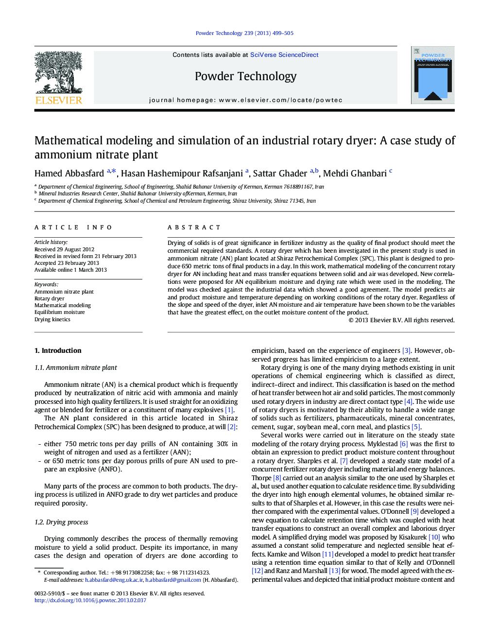 Mathematical modeling and simulation of an industrial rotary dryer: A case study of ammonium nitrate plant