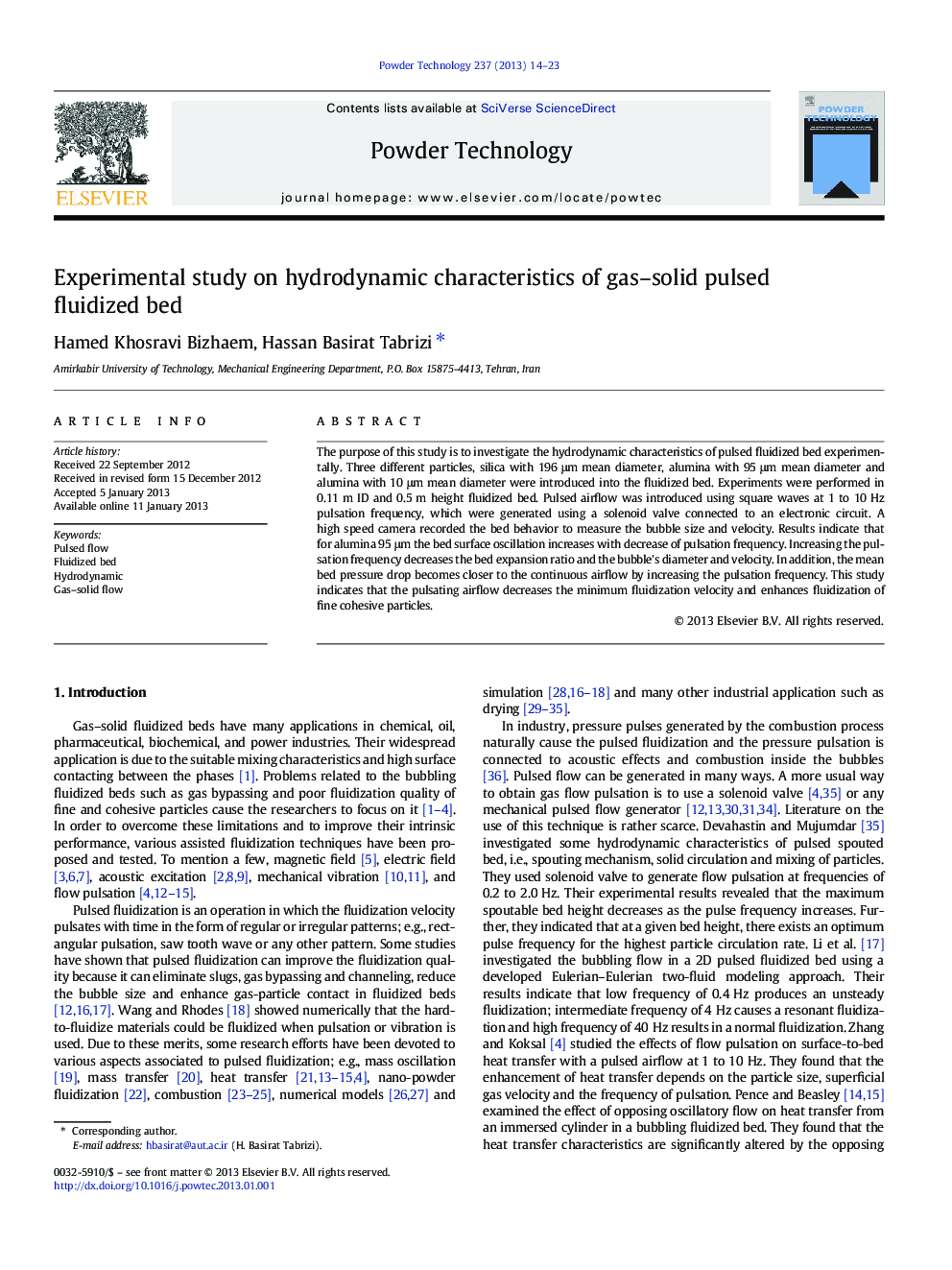 Experimental study on hydrodynamic characteristics of gas–solid pulsed fluidized bed