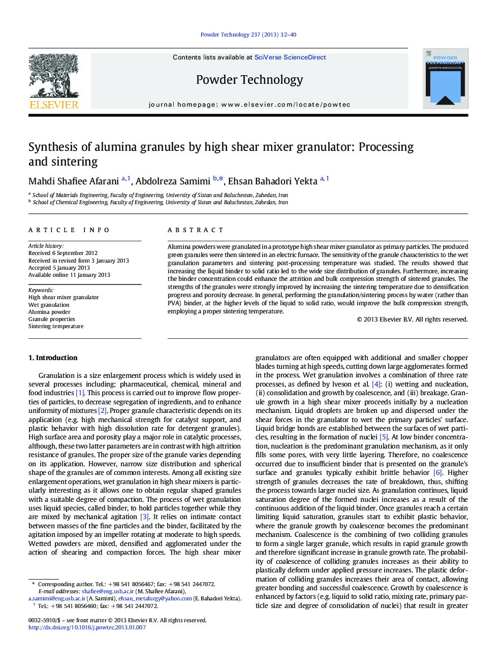 Synthesis of alumina granules by high shear mixer granulator: Processing and sintering