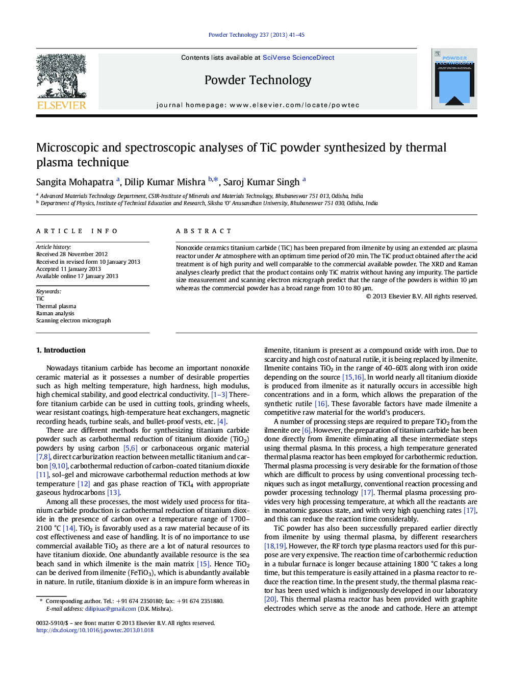 Microscopic and spectroscopic analyses of TiC powder synthesized by thermal plasma technique