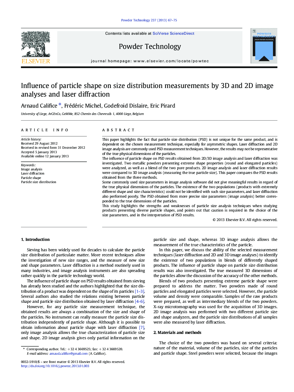 Influence of particle shape on size distribution measurements by 3D and 2D image analyses and laser diffraction