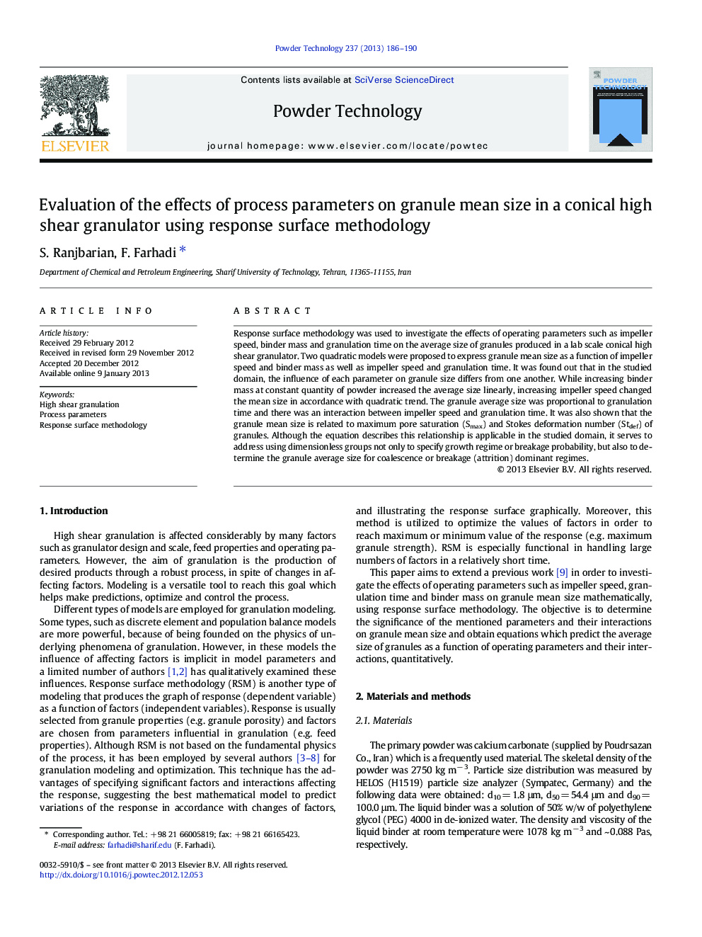 Evaluation of the effects of process parameters on granule mean size in a conical high shear granulator using response surface methodology