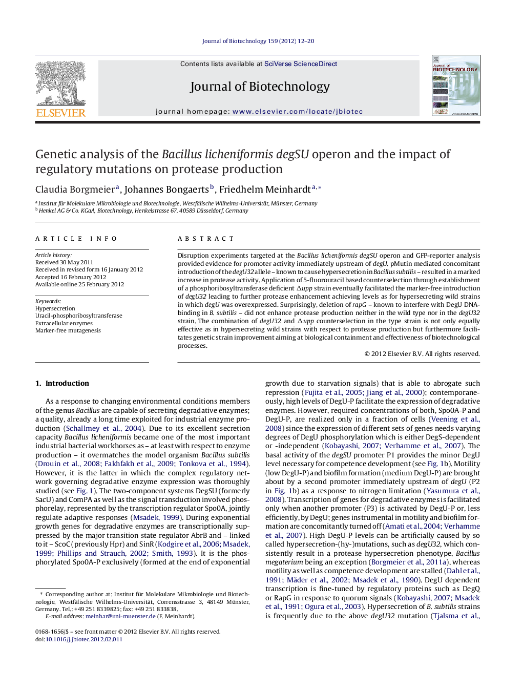 Genetic analysis of the Bacillus licheniformis degSU operon and the impact of regulatory mutations on protease production