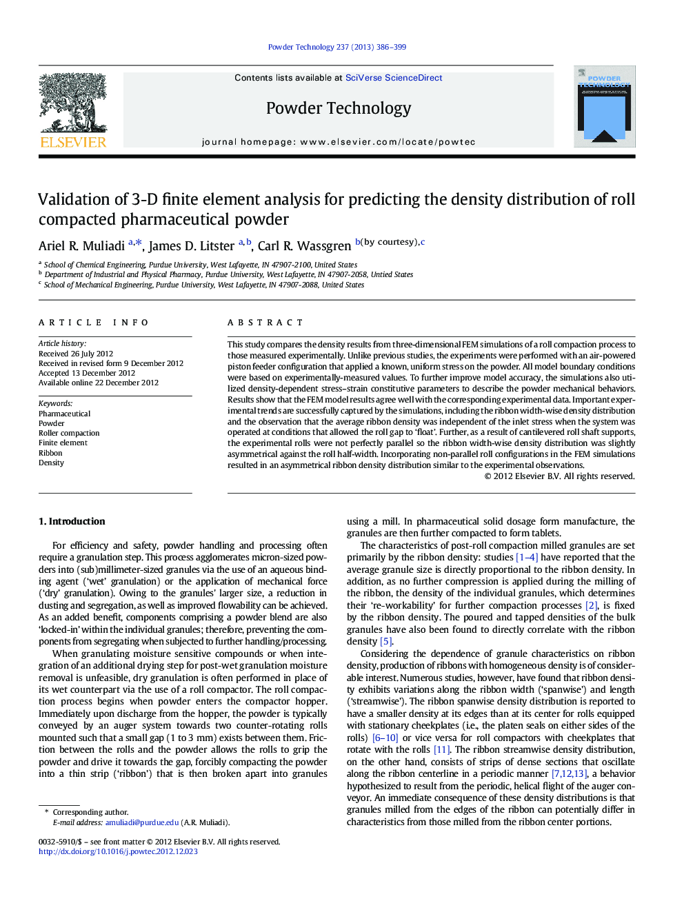 Validation of 3-D finite element analysis for predicting the density distribution of roll compacted pharmaceutical powder