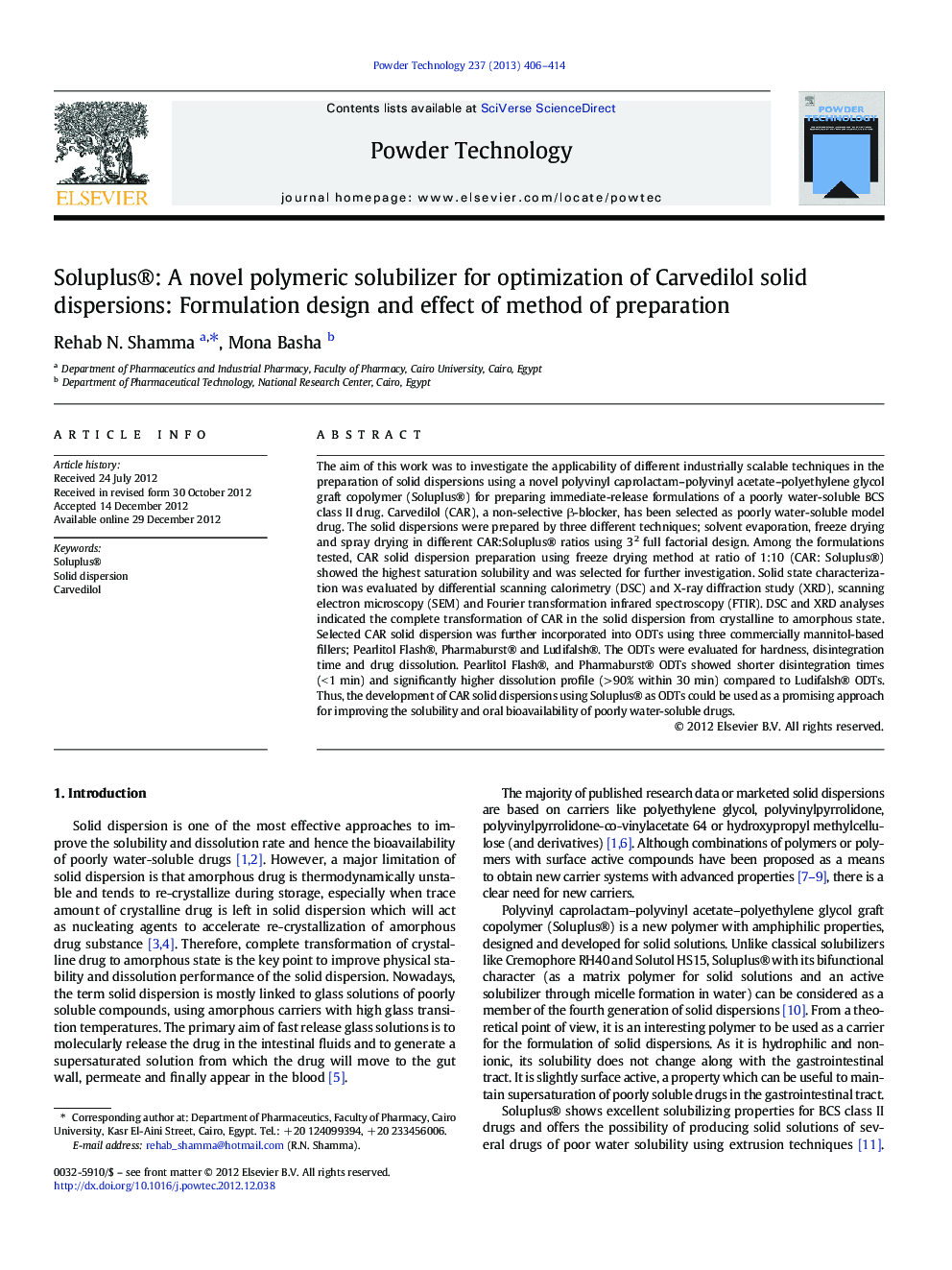 Soluplus®: A novel polymeric solubilizer for optimization of Carvedilol solid dispersions: Formulation design and effect of method of preparation