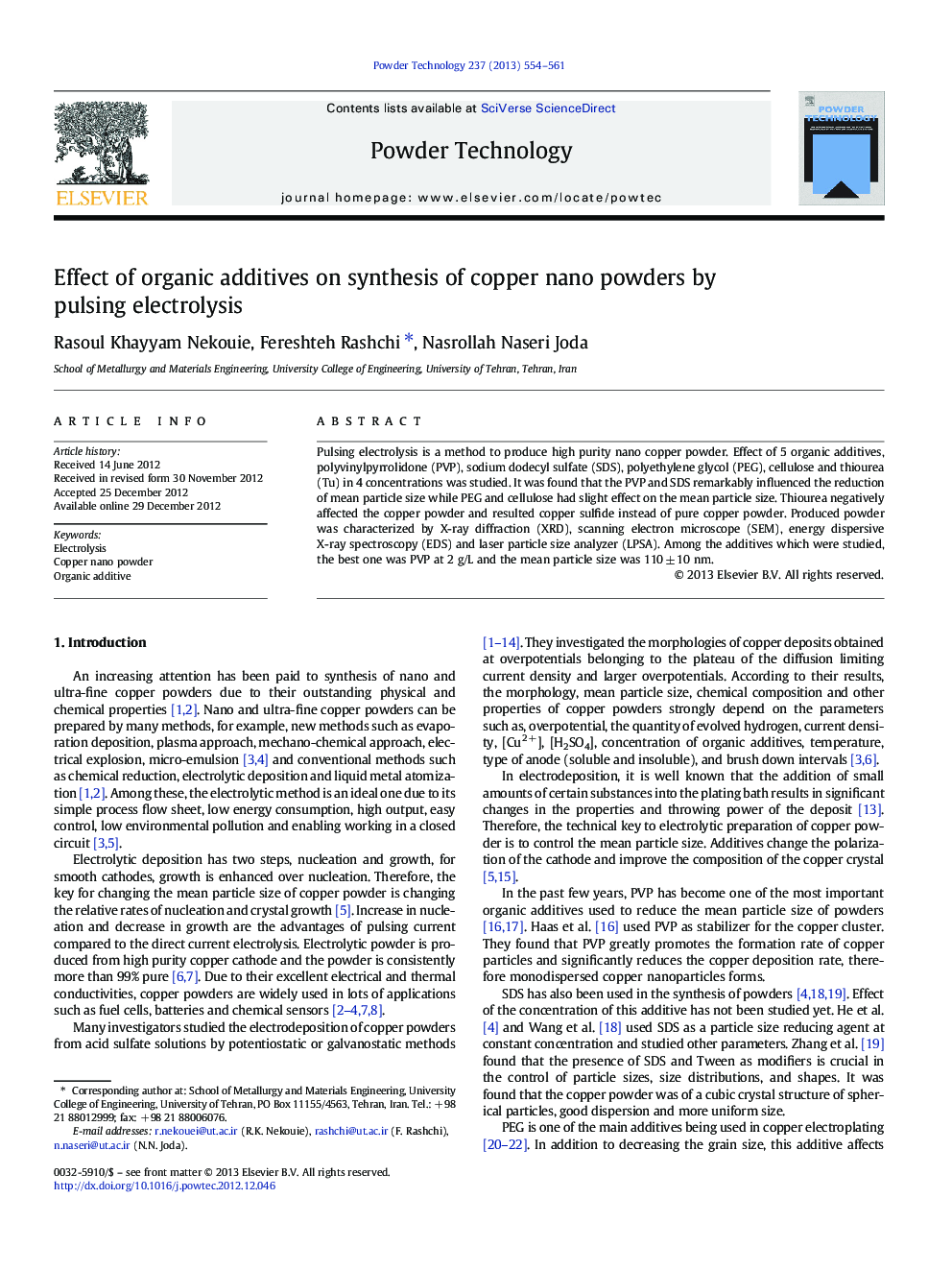 Effect of organic additives on synthesis of copper nano powders by pulsing electrolysis