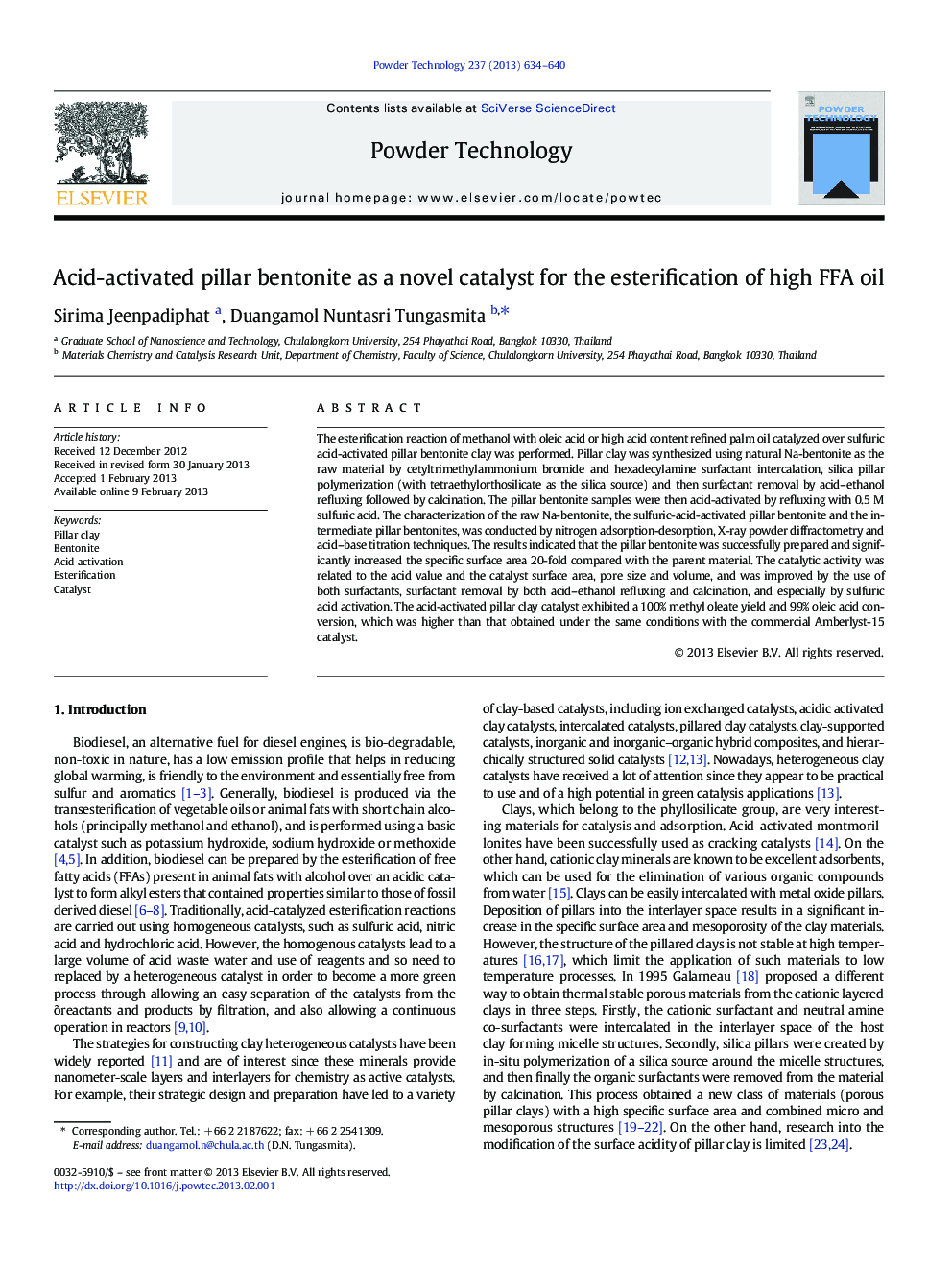 Acid-activated pillar bentonite as a novel catalyst for the esterification of high FFA oil