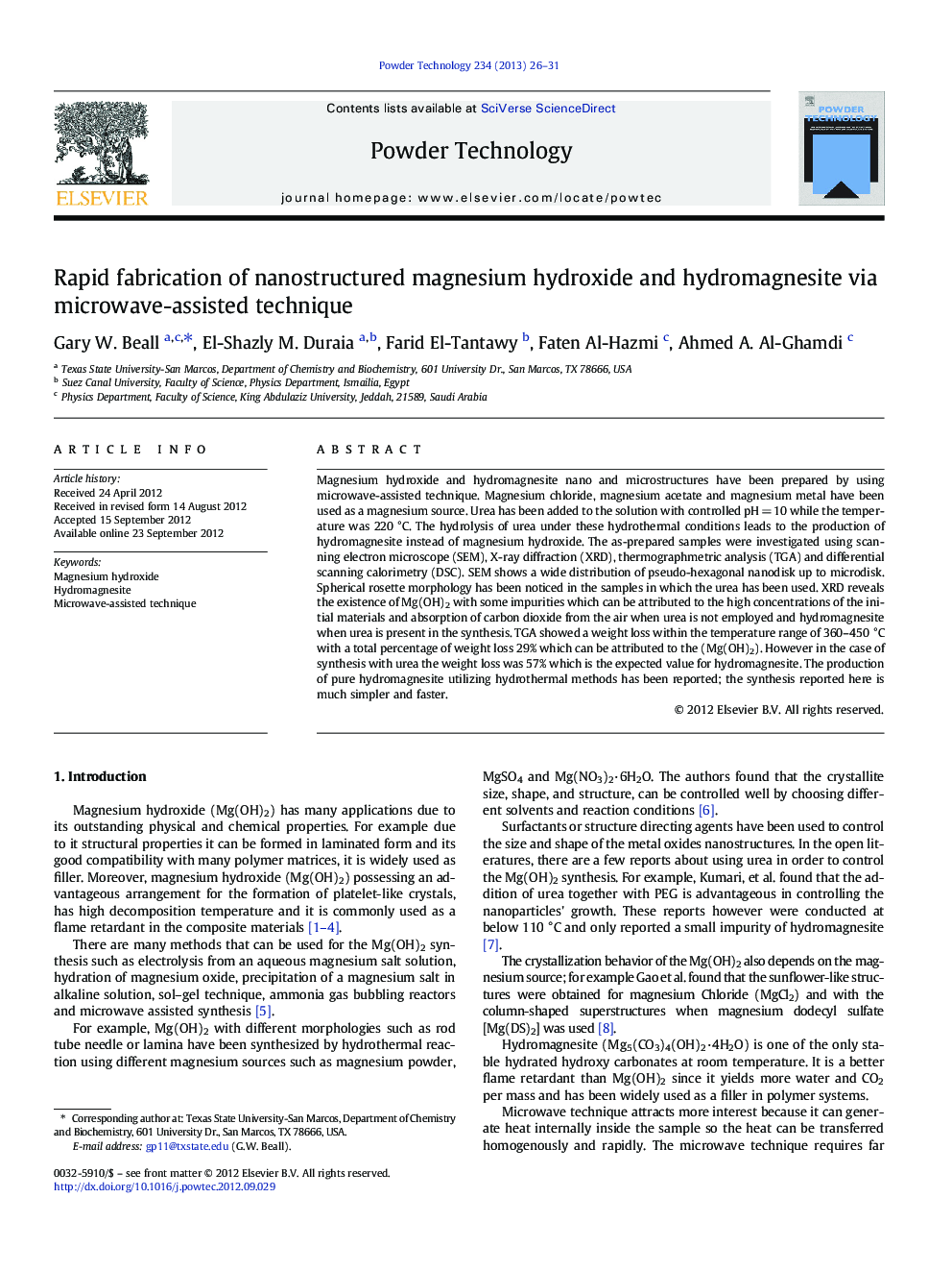 Rapid fabrication of nanostructured magnesium hydroxide and hydromagnesite via microwave-assisted technique