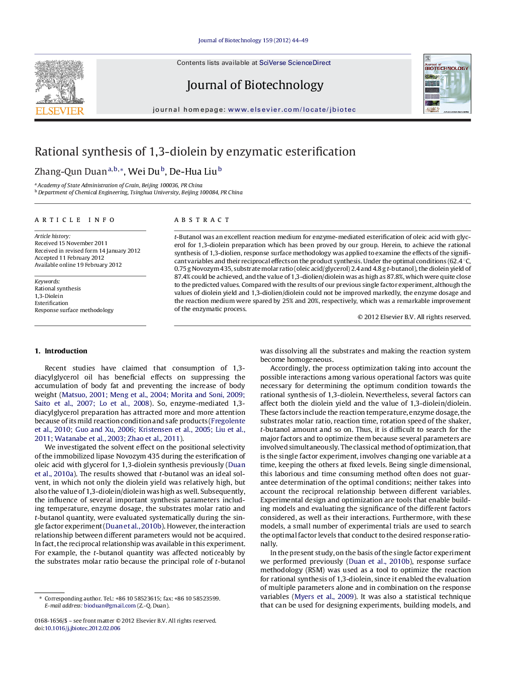 Rational synthesis of 1,3-diolein by enzymatic esterification