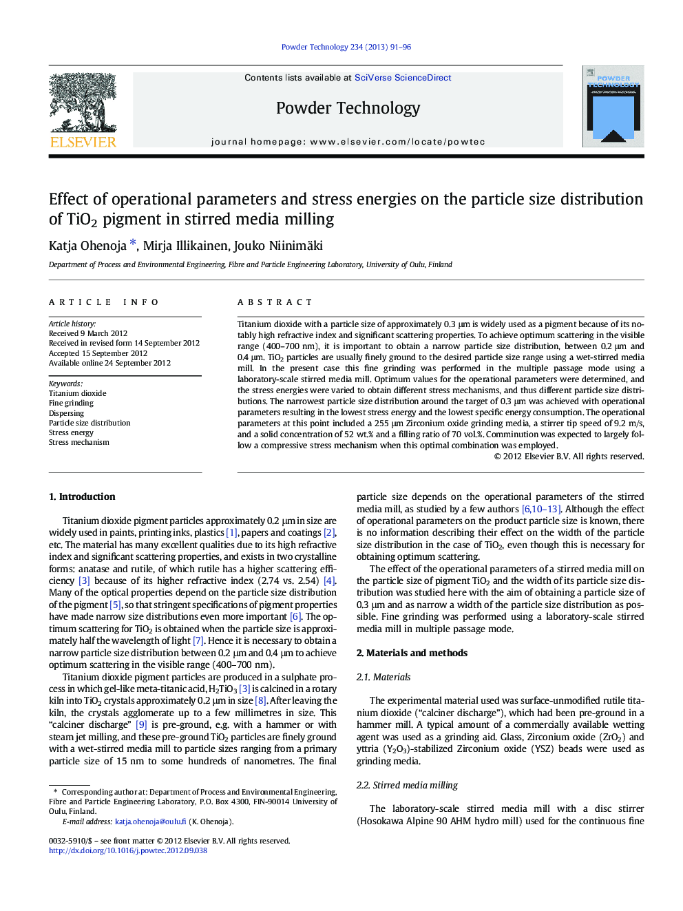 Effect of operational parameters and stress energies on the particle size distribution of TiO2 pigment in stirred media milling