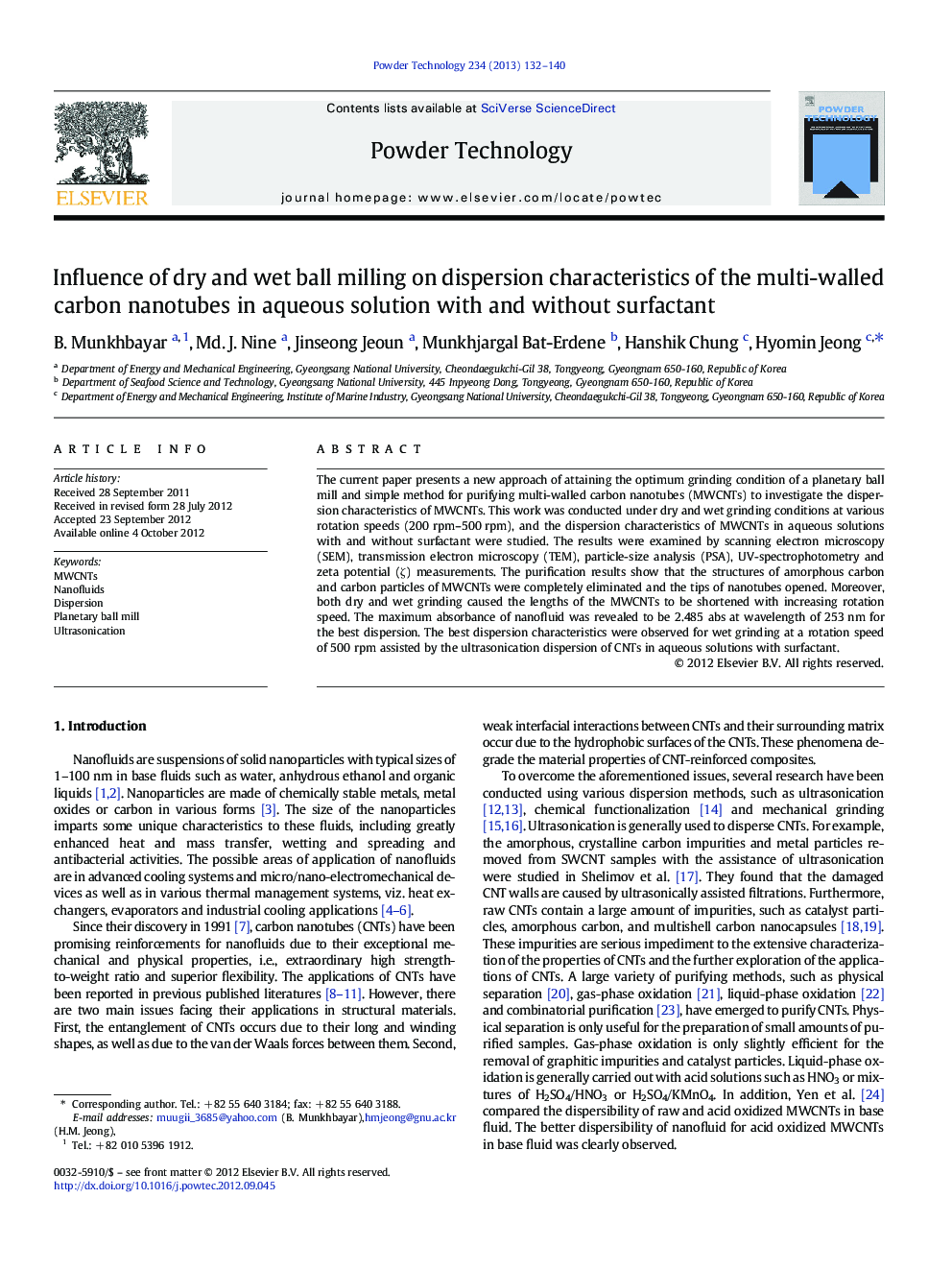 Influence of dry and wet ball milling on dispersion characteristics of the multi-walled carbon nanotubes in aqueous solution with and without surfactant