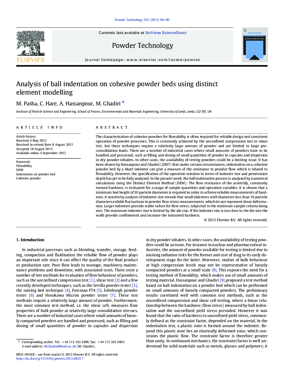 Analysis of ball indentation on cohesive powder beds using distinct element modelling