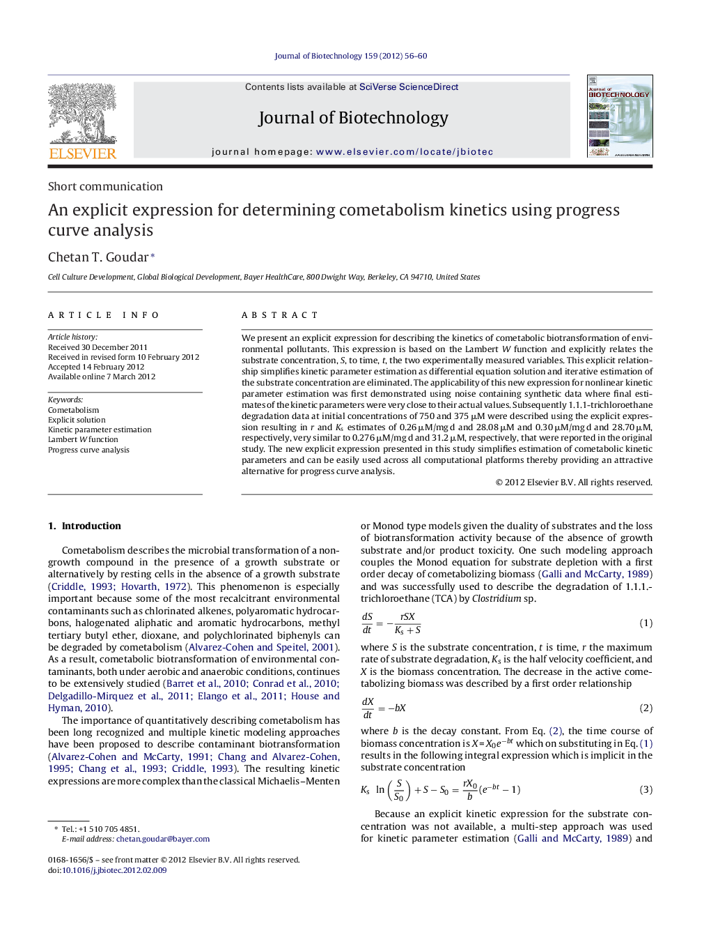 An explicit expression for determining cometabolism kinetics using progress curve analysis