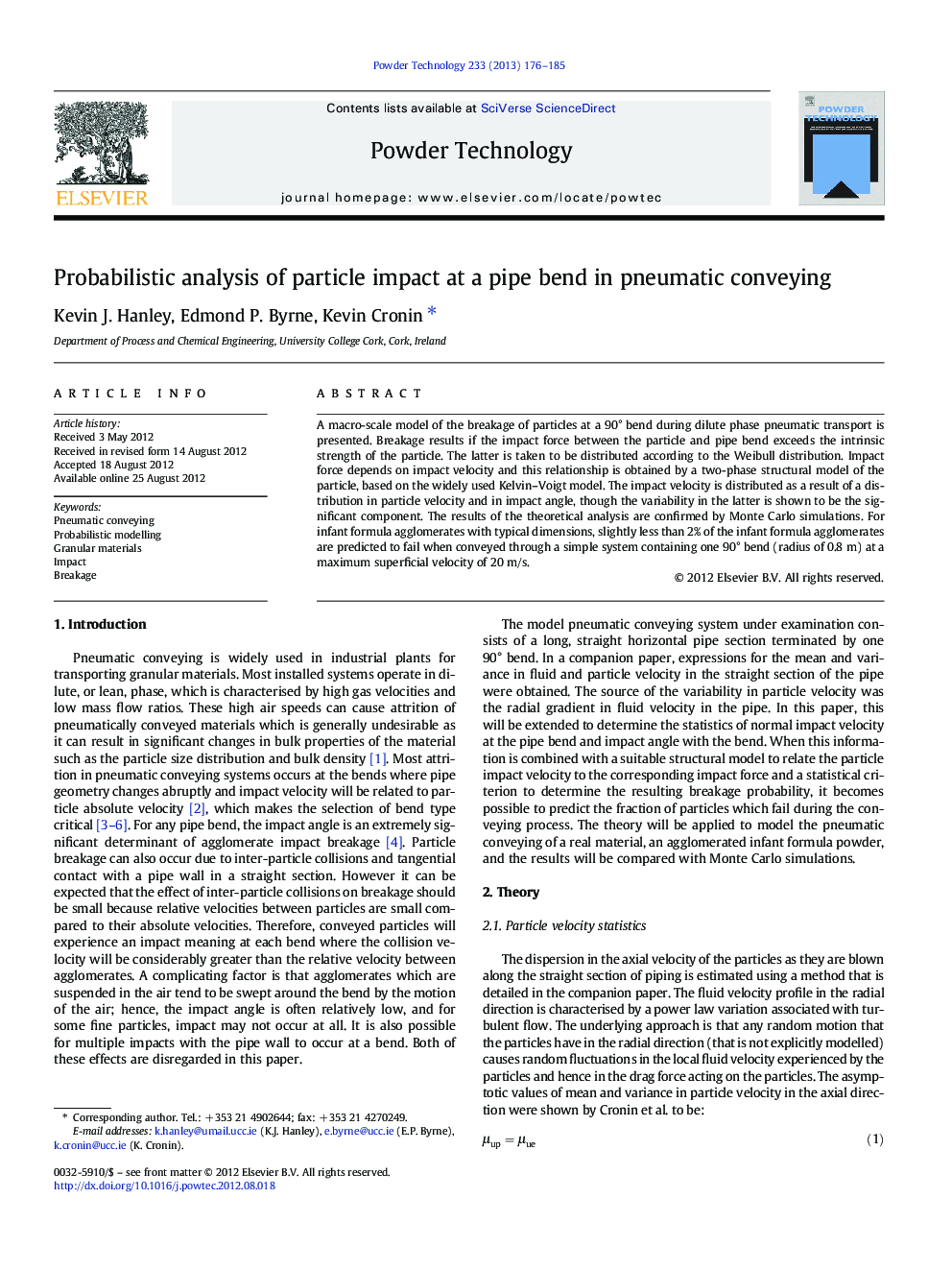 Probabilistic analysis of particle impact at a pipe bend in pneumatic conveying