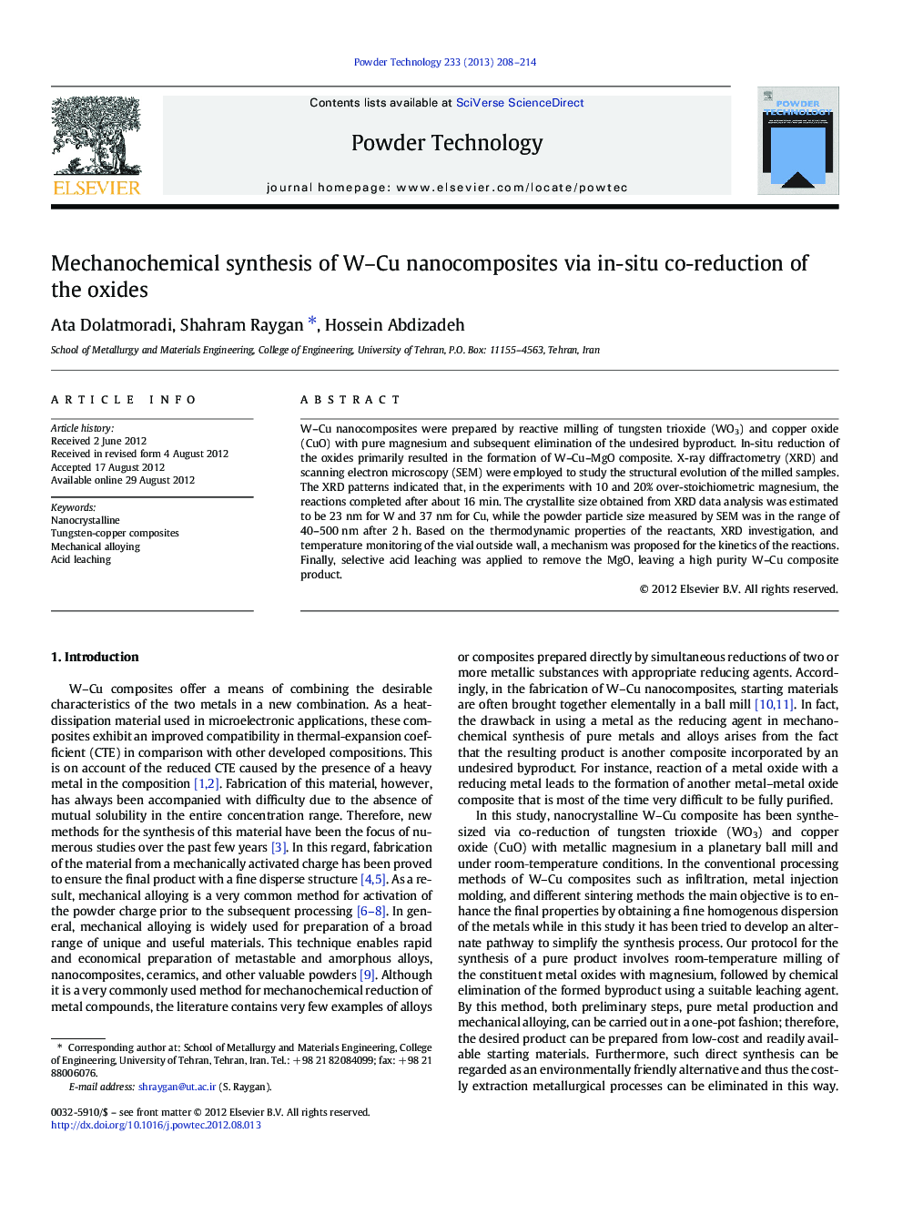 Mechanochemical synthesis of W–Cu nanocomposites via in-situ co-reduction of the oxides