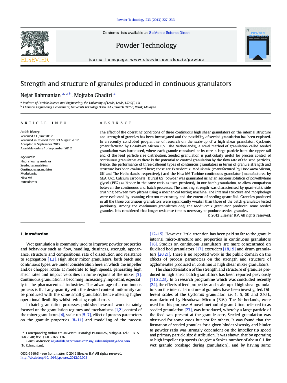 Strength and structure of granules produced in continuous granulators