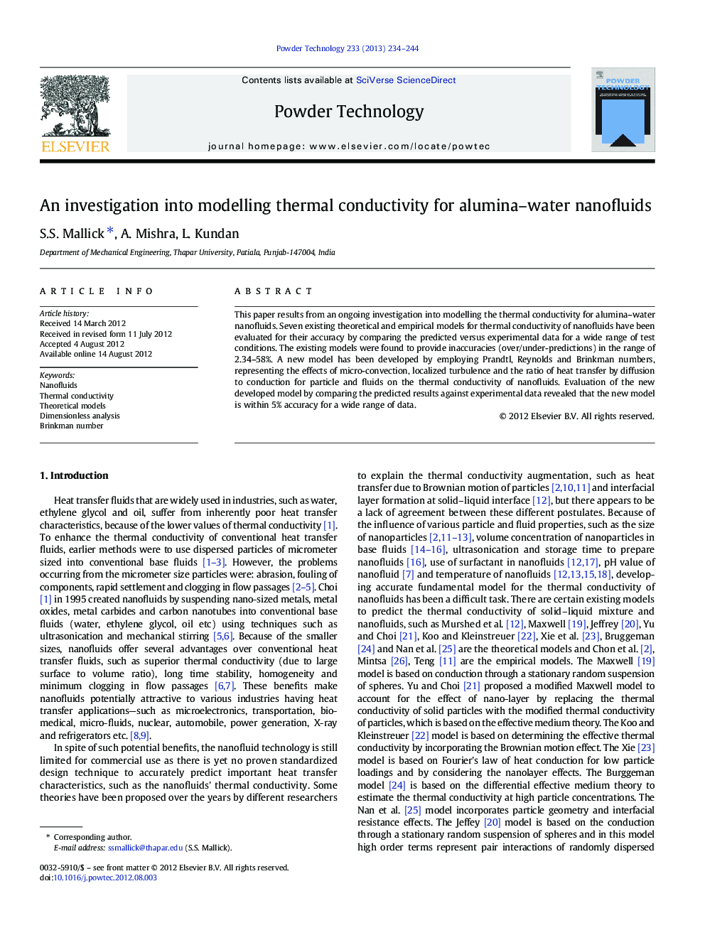 An investigation into modelling thermal conductivity for alumina–water nanofluids