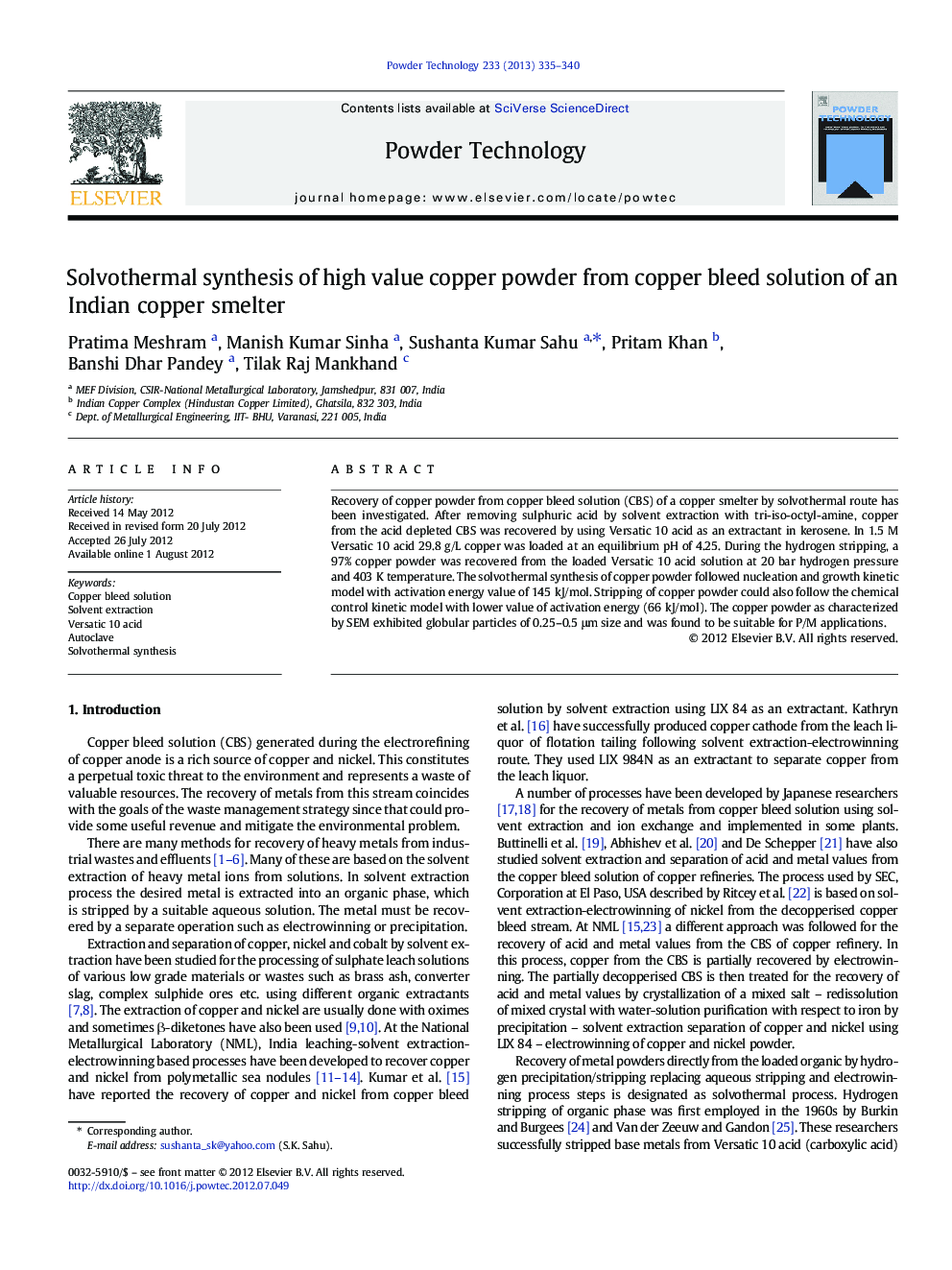 Solvothermal synthesis of high value copper powder from copper bleed solution of an Indian copper smelter