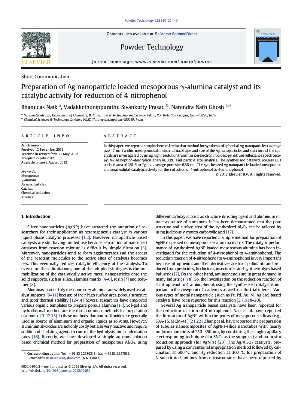 Preparation of Ag nanoparticle loaded mesoporous γ-alumina catalyst and its catalytic activity for reduction of 4-nitrophenol