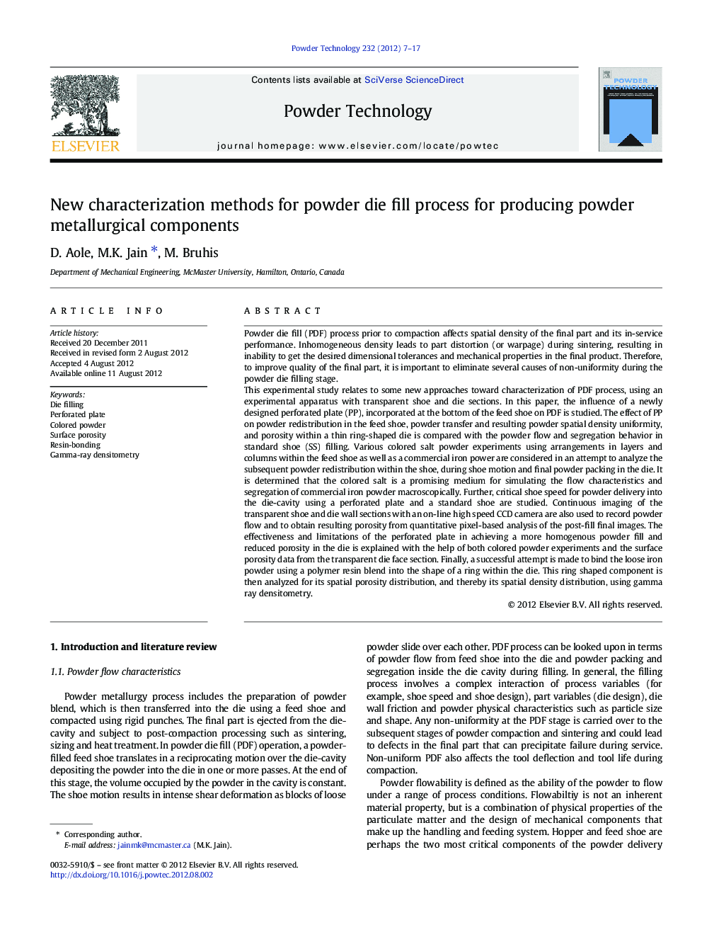 New characterization methods for powder die fill process for producing powder metallurgical components