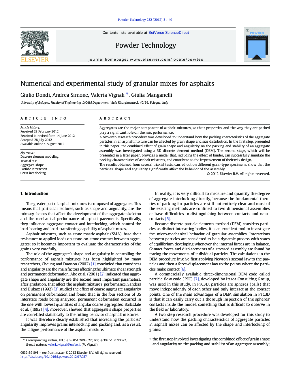 Numerical and experimental study of granular mixes for asphalts
