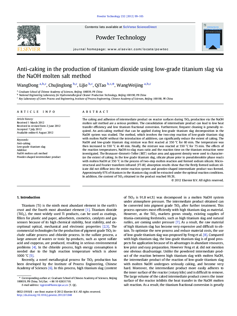 Anti-caking in the production of titanium dioxide using low-grade titanium slag via the NaOH molten salt method