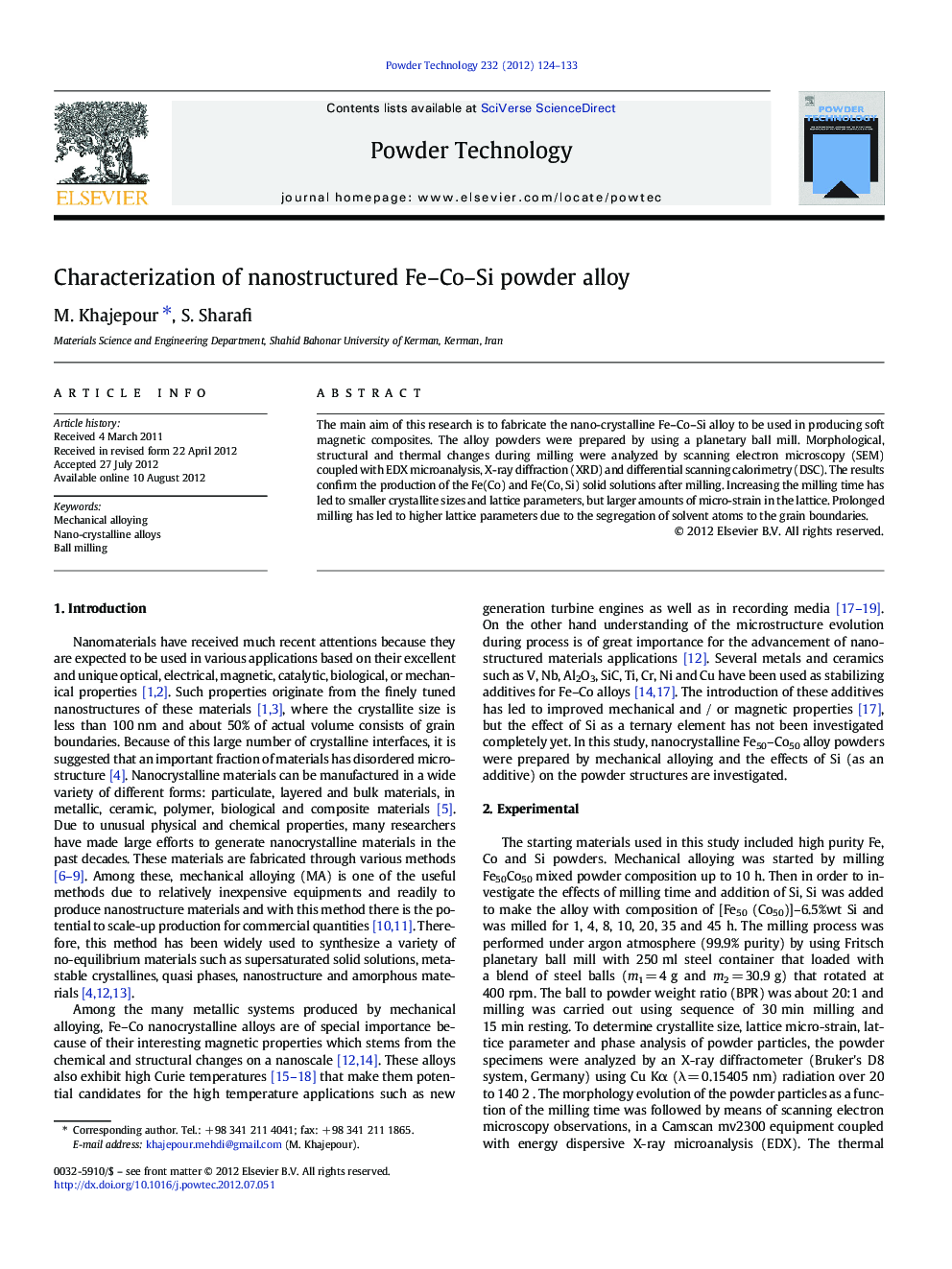 Characterization of nanostructured Fe–Co–Si powder alloy