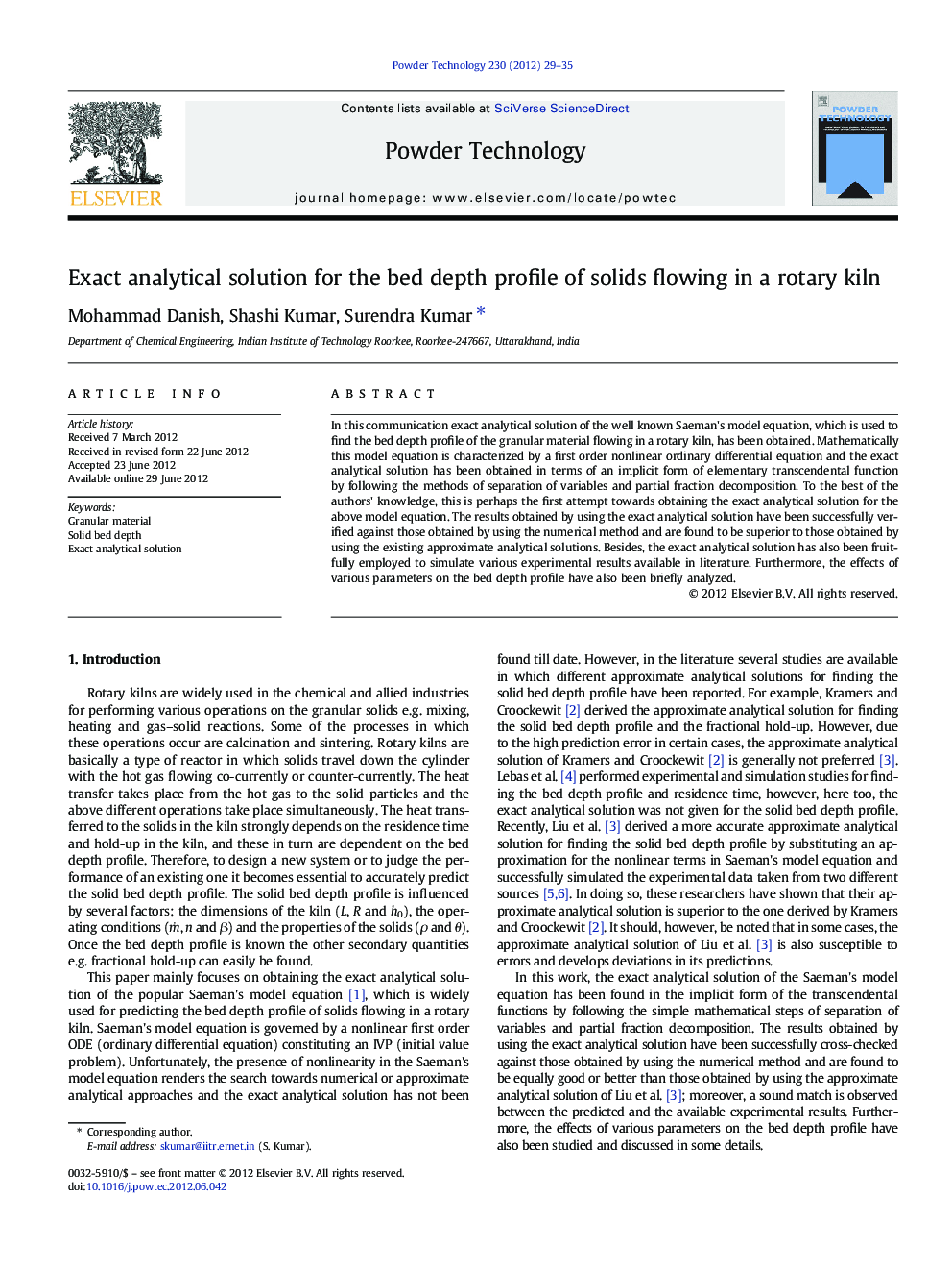 Exact analytical solution for the bed depth profile of solids flowing in a rotary kiln