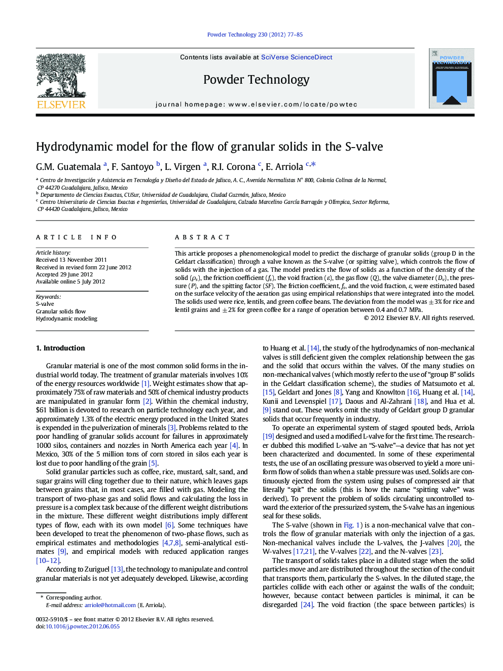 Hydrodynamic model for the flow of granular solids in the S-valve